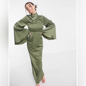 ASOS high neck maxi dress with wrap waist and fluted sleeve gown